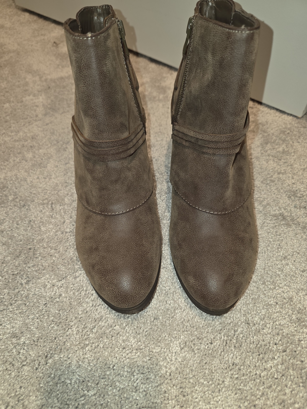 Fergalicious Taupe Brown Faux-Leather Ankle Booties with Stacked Heel - Picture 3 of 4